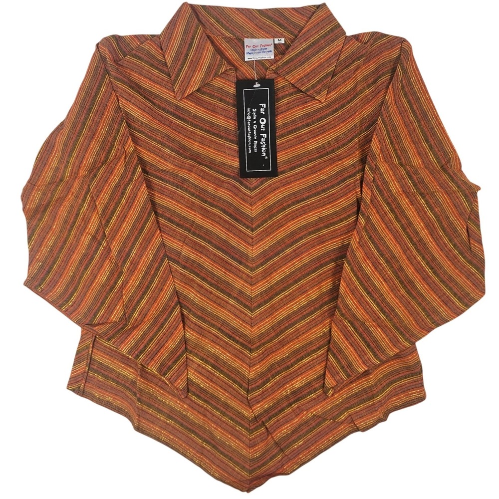 Far Out Fashion Chevron Stripe Button Down Shirt Orange Brown Gold Metallic M